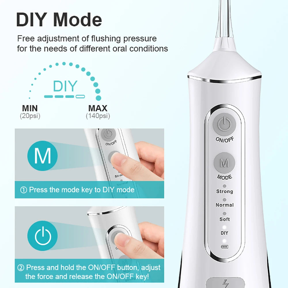 DIY PSI Dental Water Jet Pick Flossser Thread Oral Irrigator for Teeth Cleaning 300Ml 4 Modes Portable Powerful Mouth Washing