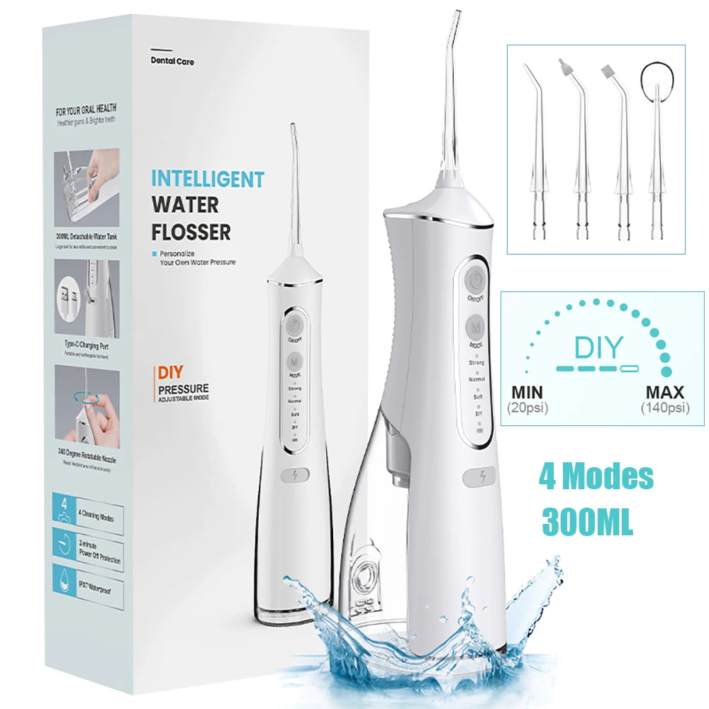 DIY PSI Dental Water Jet Pick Flossser Thread Oral Irrigator for Teeth Cleaning 300Ml 4 Modes Portable Powerful Mouth Washing